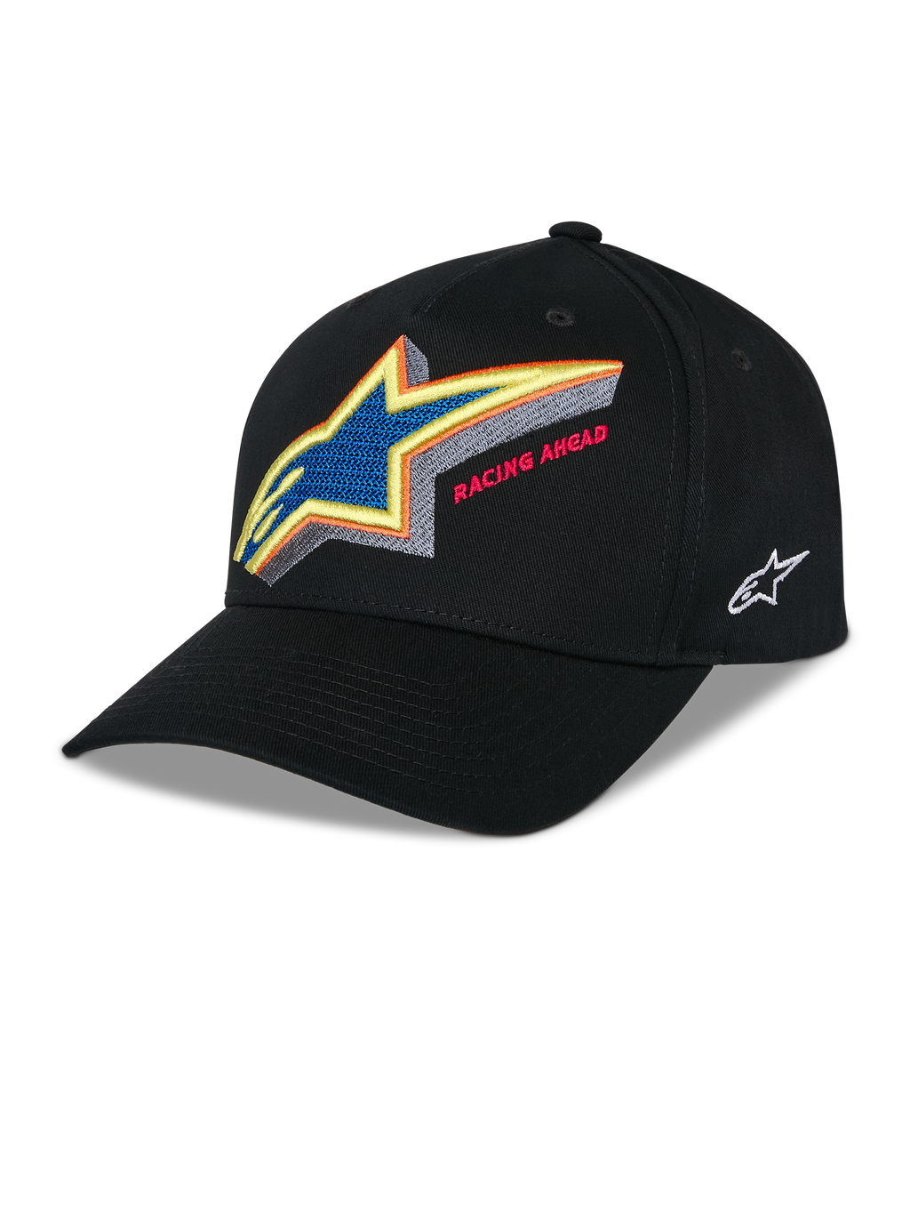 Gorra Snapback Alpinestars Lucid, gorra de béisbol estructurada negra, logotipo de Astars bordado en múltiples colores vibrantes con el texto 'Racing Ahead' en el frente, visera curva, logotipo lateral bordado en blanco, accesorio casual de motorsport