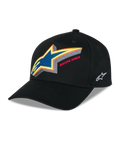 Gorra Snapback Alpinestars Lucid, gorra de béisbol estructurada negra, logotipo de Astars bordado en múltiples colores vibrantes con el texto 'Racing Ahead' en el frente, visera curva, logotipo lateral bordado en blanco, accesorio casual de motorsport