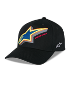 Gorra Snapback Alpinestars Lucid, gorra de béisbol estructurada negra, logotipo de Astars bordado en múltiples colores vibrantes con el texto 'Racing Ahead' en el frente, visera curva, logotipo lateral bordado en blanco, accesorio casual de motorsport