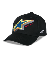 Gorra Snapback Alpinestars Lucid, gorra de béisbol estructurada negra, logotipo de Astars bordado en múltiples colores vibrantes con el texto 'Racing Ahead' en el frente, visera curva, logotipo lateral bordado en blanco, accesorio casual de motorsport