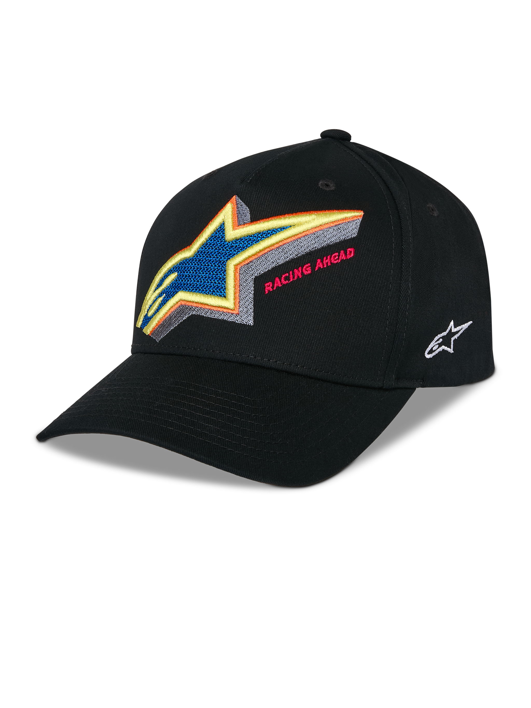 Gorra Snapback Alpinestars Lucid, gorra de béisbol estructurada negra, logotipo de Astars bordado en múltiples colores vibrantes con el texto 'Racing Ahead' en el frente, visera curva, logotipo lateral bordado en blanco, accesorio casual de motorsport
