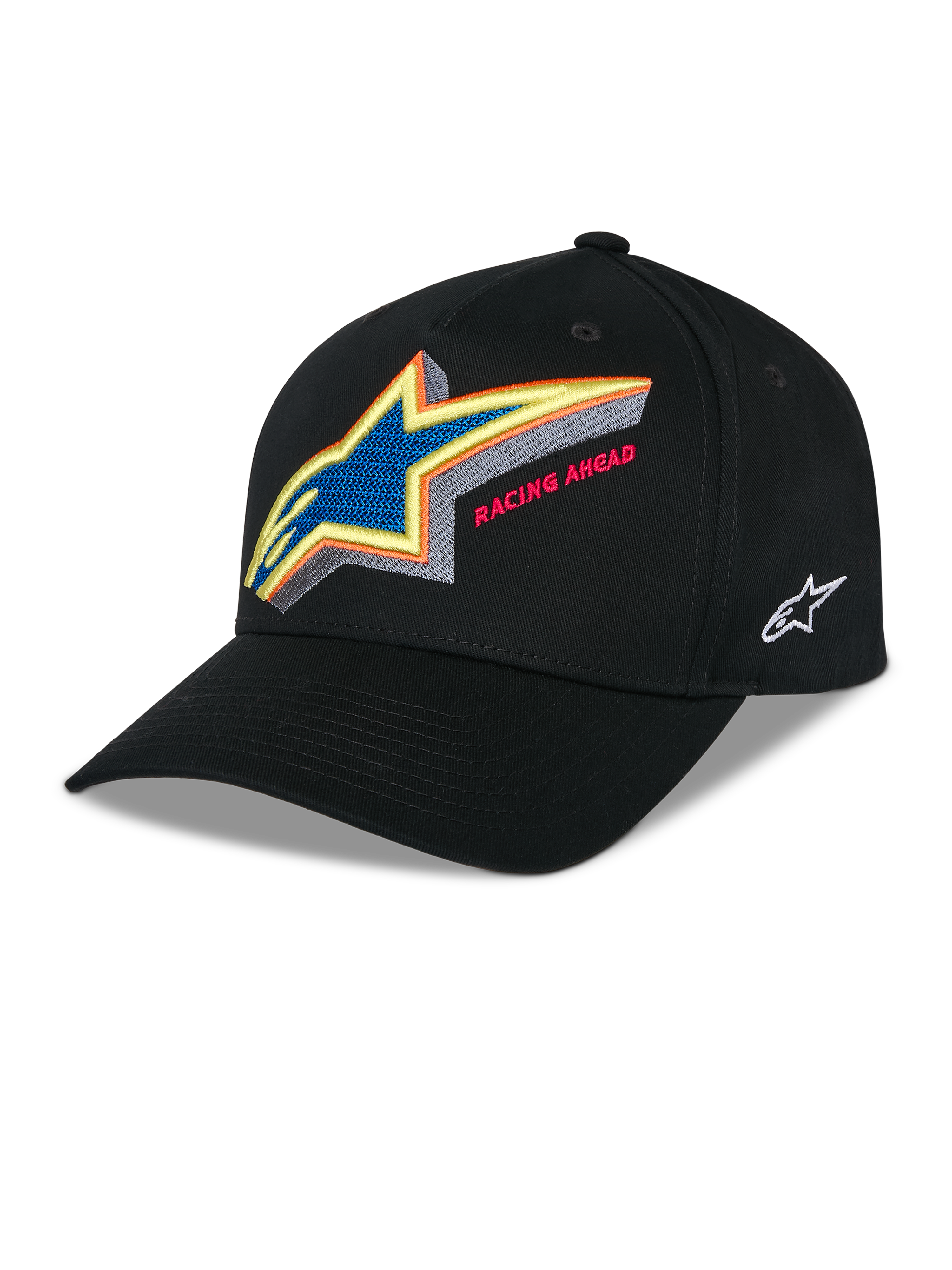 Alpinestars Lucid Snapback Hat, Black structured baseball cap, vibrant multi-color embroidered Astars logo with 'Racing Ahead' text on the front, curved bill, white side logo embroidery, casual motorsport headwear