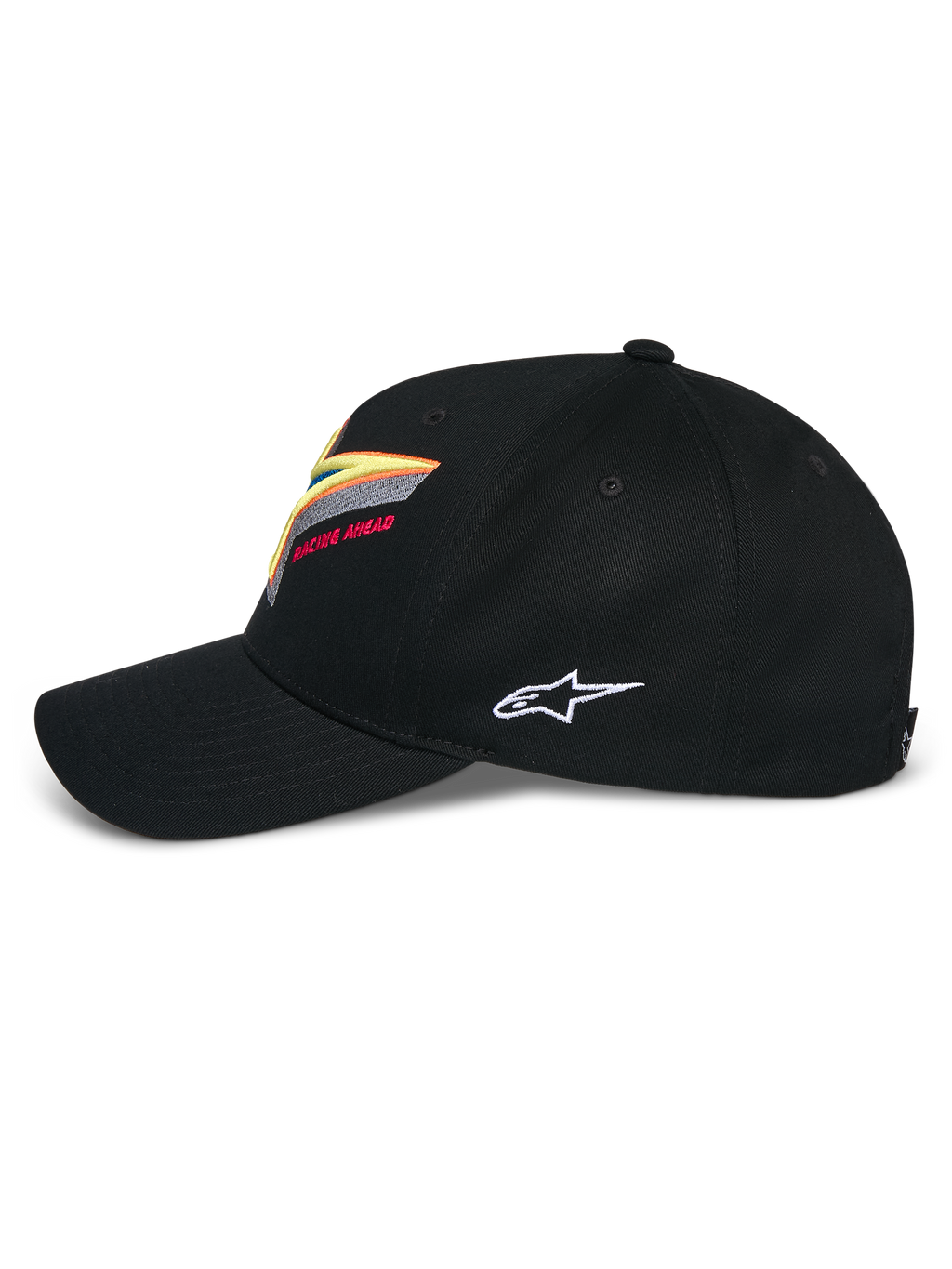 Gorra Alpinestars Lucid Snapback, negra, corona estructurada con visera curva, con bordado del logotipo Astars multicolor vibrante en el frente y logotipo blanco en el lateral, ropa deportiva informal inspirada en el automovilismo