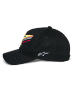 Gorra Alpinestars Lucid Snapback, negra, corona estructurada con visera curva, con bordado del logotipo Astars multicolor vibrante en el frente y logotipo blanco en el lateral, ropa deportiva informal inspirada en el automovilismo
