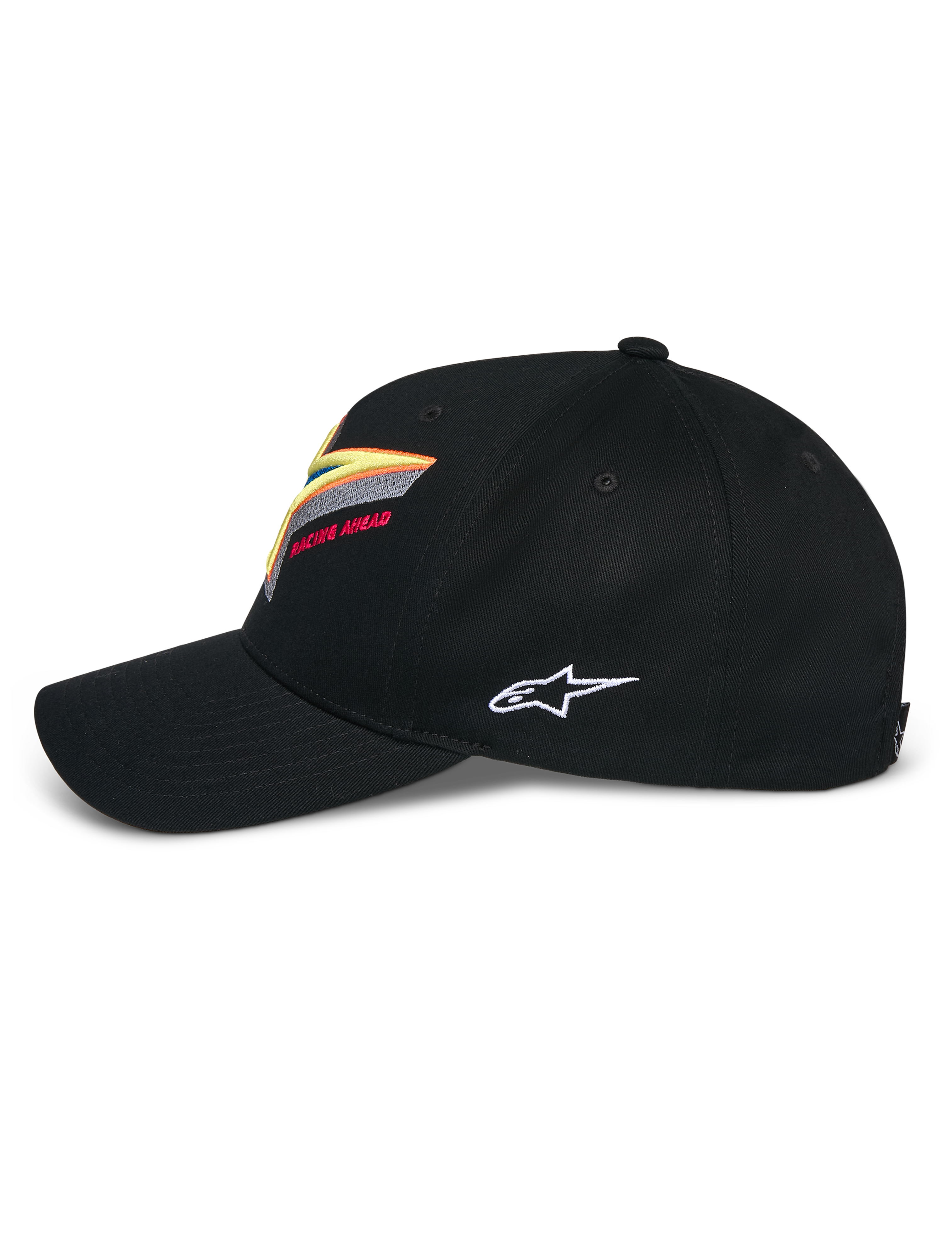 Gorra Alpinestars Lucid Snapback, negra, corona estructurada con visera curva, con bordado del logotipo Astars multicolor vibrante en el frente y logotipo blanco en el lateral, ropa deportiva informal inspirada en el automovilismo