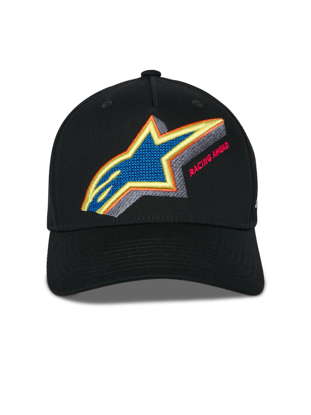 Gorra Snapback Lucid de Alpinestars, negra, vista frontal que muestra el bordado del logotipo de Astars en vibrantes colores con el texto Racing Ahead, visera curva y corona estructurada, gorra deportiva casual