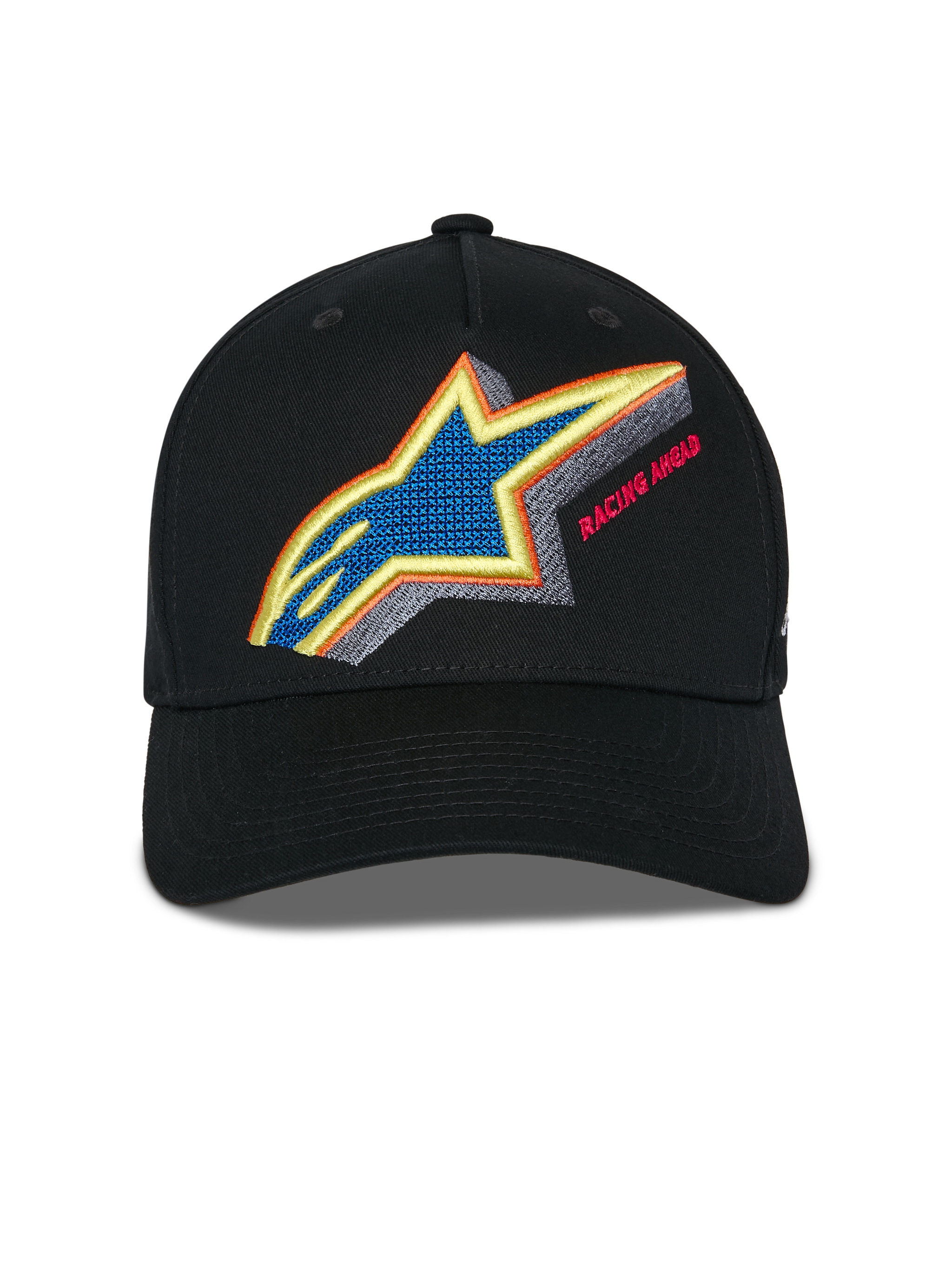 Gorra Snapback Lucid de Alpinestars, negra, vista frontal que muestra el bordado del logotipo de Astars en vibrantes colores con el texto Racing Ahead, visera curva y corona estructurada, gorra deportiva casual