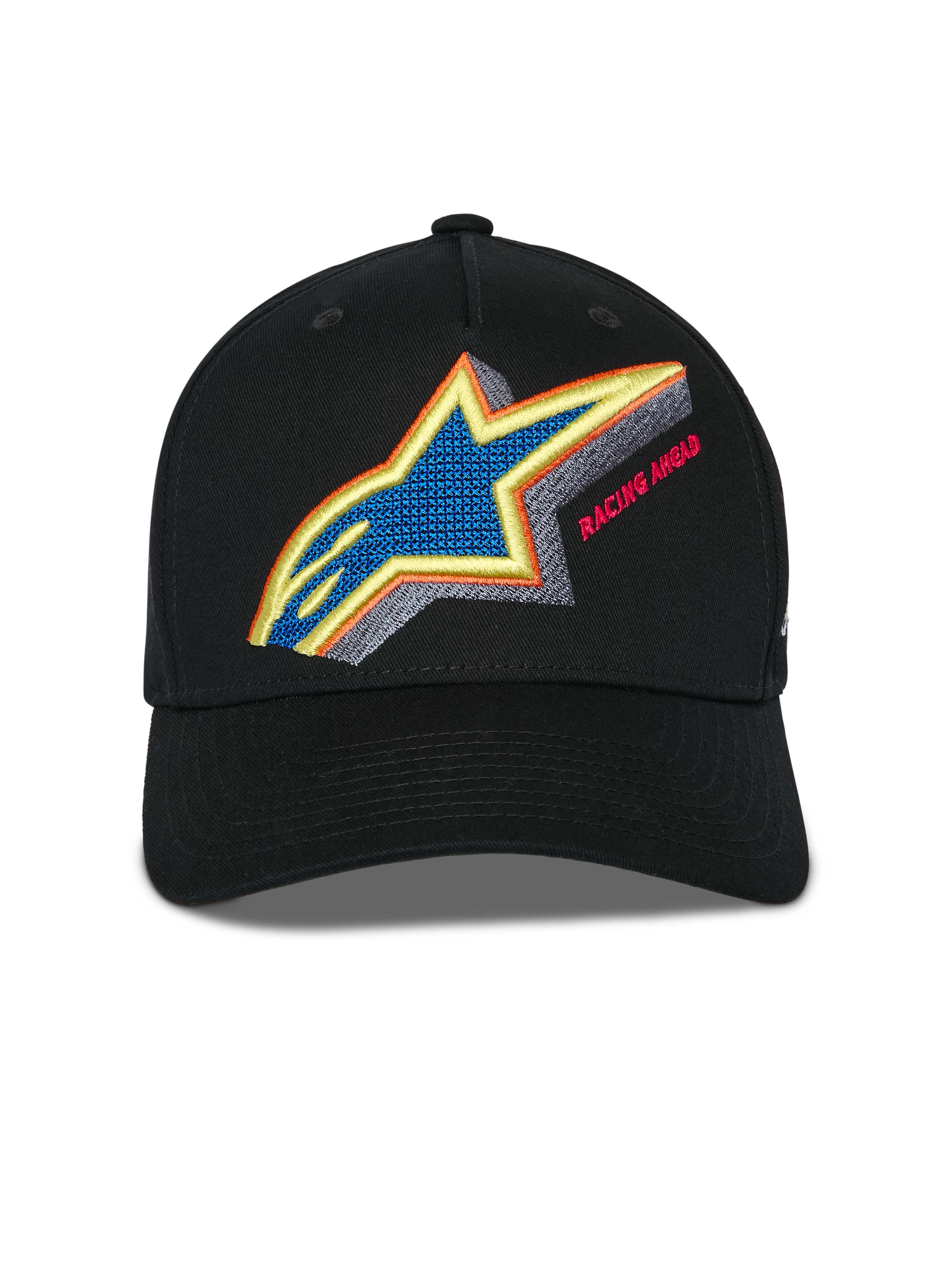 Gorra Snapback Lucid de Alpinestars, negra, vista frontal que muestra el bordado del logotipo de Astars en vibrantes colores con el texto Racing Ahead, visera curva y corona estructurada, gorra deportiva casual