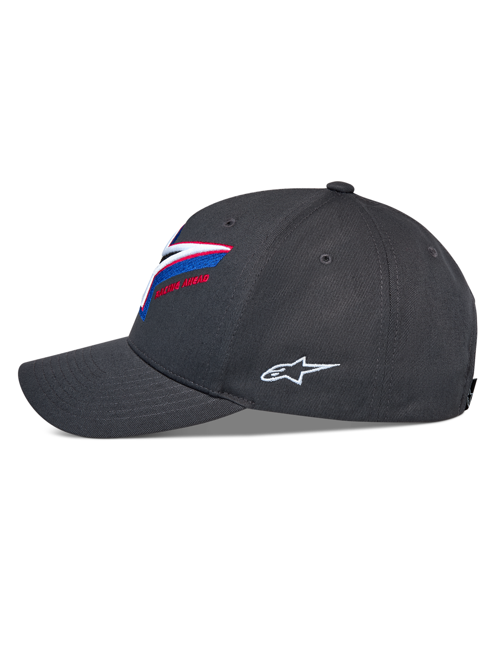 Alpinestars Lucid Snapback Hat, side profile view, charcoal gray, curved bill with structured crown, vibrant multi-color front logo embroidery, white side Astars logo, casual motorsport headwear