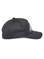 Alpinestars Lucid Snapback Hat, side profile view, Charcoal Gray, curved bill and structured crown, embroidered front logo with multi-color fill, casual motorsport-inspired snapback