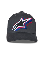 Alpinestars Lucid Snapback Hat, Charcoal Gray, featuring multi-color embroidered Astars logo with red and blue accents, curved bill, structured crown, casual motorsport streetwear