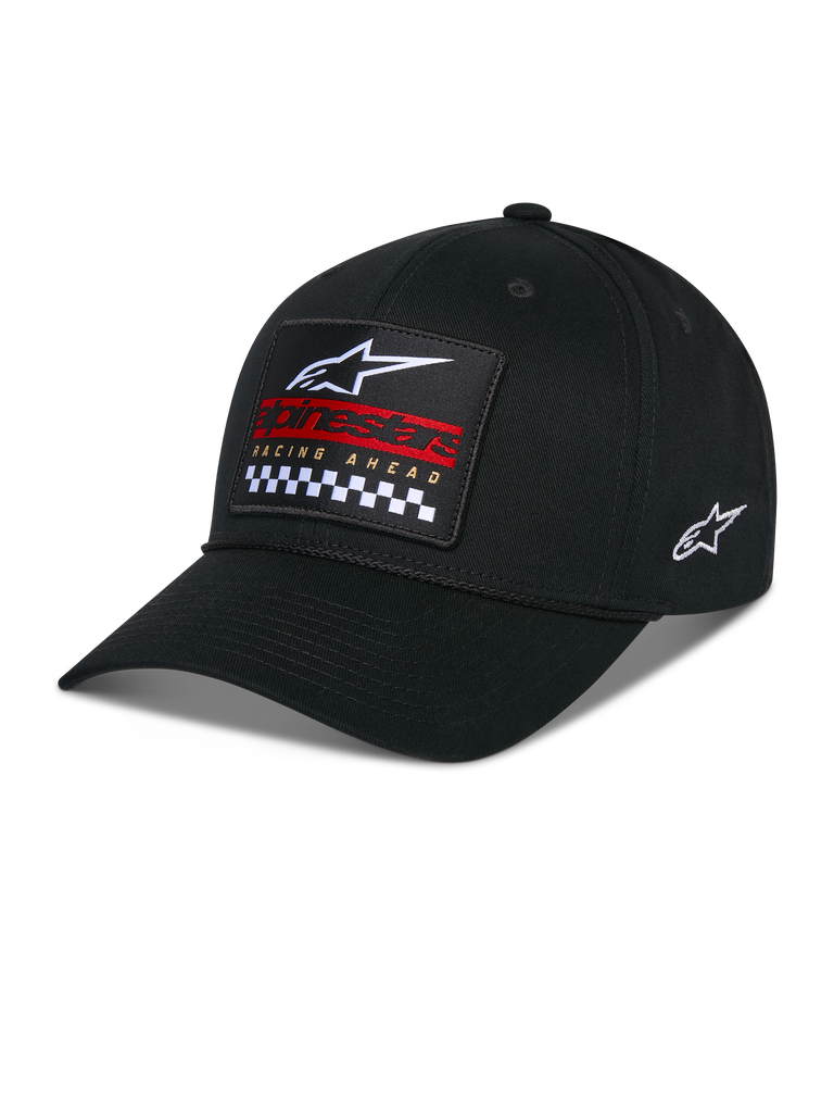 Gorra Snapback Matrix de Alpinestars, negra, visera curva con corona estructurada, parche bordado multicolor frontal con logo de Alpinestars, marca en rojo y patrón de cuadros, logo lateral bordado, accesorio casual de motorsport