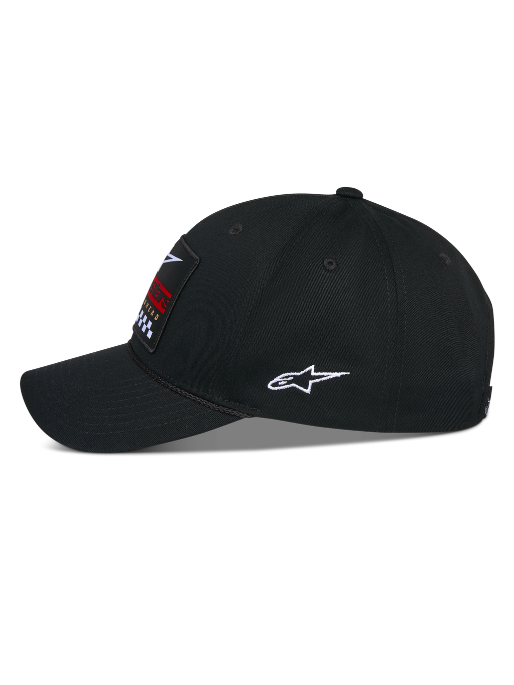 Alpinestars Matrix Snapback Hat, Black, side view of a casual baseball cap with a curved bill and structured crown, featuring a front multicolor embroidery patch and a white Astars logo on the side, cotton twill construction.