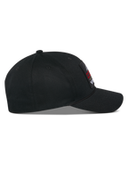 Alpinestars Matrix Snapback Hat, side profile, black cotton twill cap with a curved bill and structured crown, featuring a multicolor embroidered patch on the front, casual motorsport streetwear