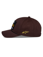Alpinestars Matrix Snapback Hat, Brown, side view, curved bill with black rope detail, front embroidery patch, yellow side Astars logo, structured cotton twill construction, casual motorsport headwear