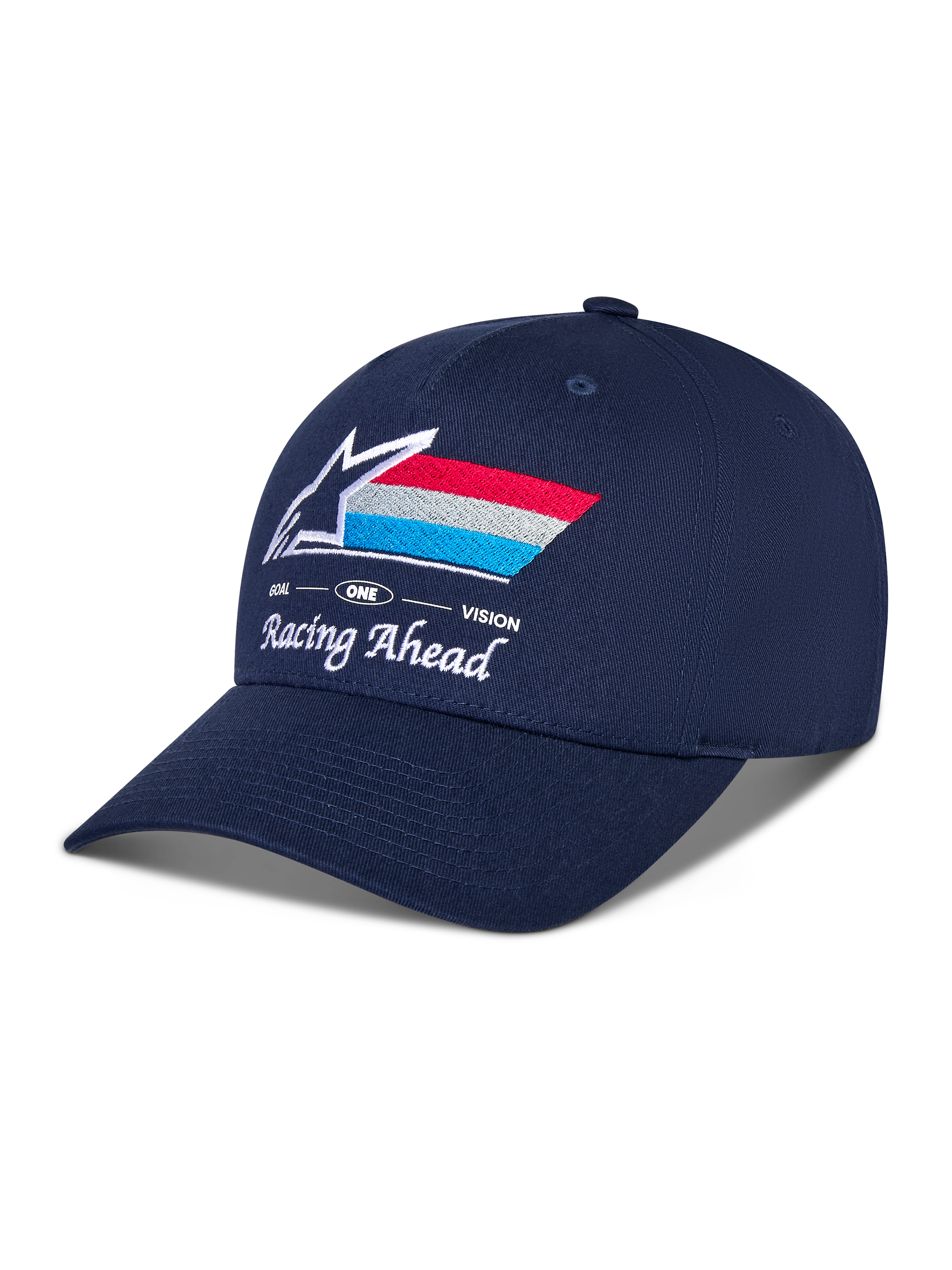 Gorra Snapback Alpinestars Trifecta, azul marino, visera curva con corona estructurada, logo Astars bordado frontal con franjas rojas, blancas y azul claro, texto blanco 'Racing Ahead' y 'Goal One Vision', accesorio casual de estilo motorsport