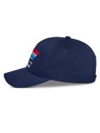 Alpinestars Trifecta Snapback Hat, Navy Blue, Side View, Featuring Curved Bill and Tri-Color Stripe Graphic with White Text, Casual Motorsport Headwear