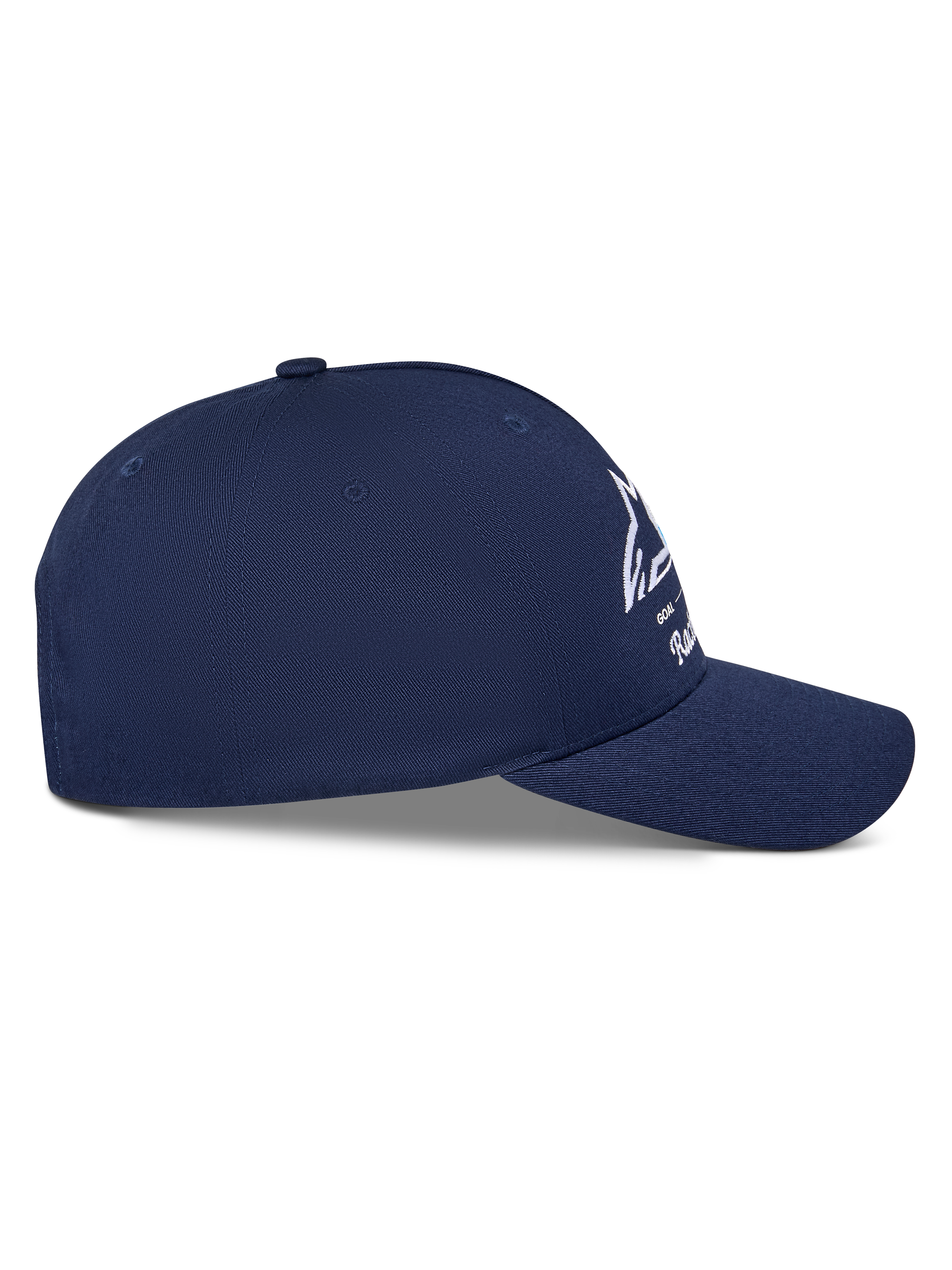 Alpinestars Trifecta Snapback Hat, Navy Blue Solid, side profile view showing curved bill and structured crown, white Astars logo with tri-color stripes, cotton twill fabric, casual motorsport streetwear
