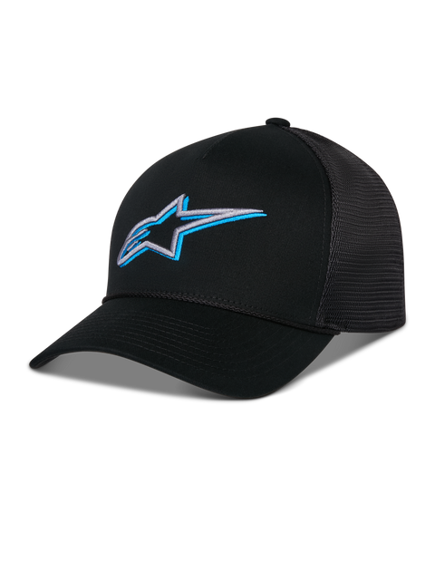 Alpinestars Ageless Shadow Trucker Hat, Black with blue and silver 3D embroidered star logo, features a curved bill and breathable mesh back panels, casual motorsport-inspired headwear