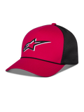Alpinestars Ageless Shadow Trucker Hat, Red and Black, featuring a red structured crown and curved bill with black mesh back panels, white and black embroidered Astars logo on the front, casual motorsport-inspired headwear