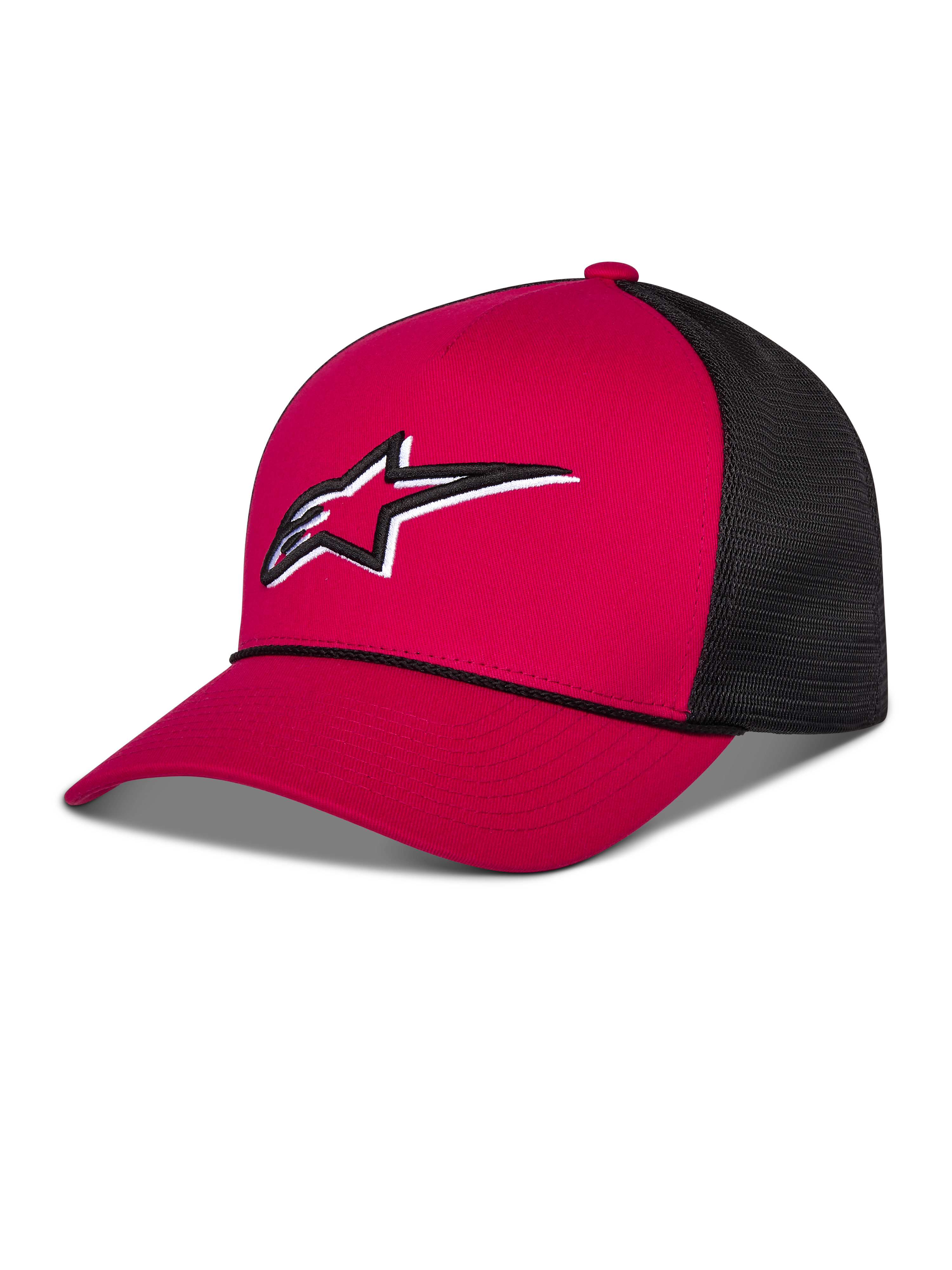 Gorra Trucker Alpinestars Ageless Shadow, rojo y negro, con corona estructurada roja, visera curva y paneles traseros de malla negra, logo Astars bordado en blanco y negro en el frontal, accesorio casual inspirado en el motorsport