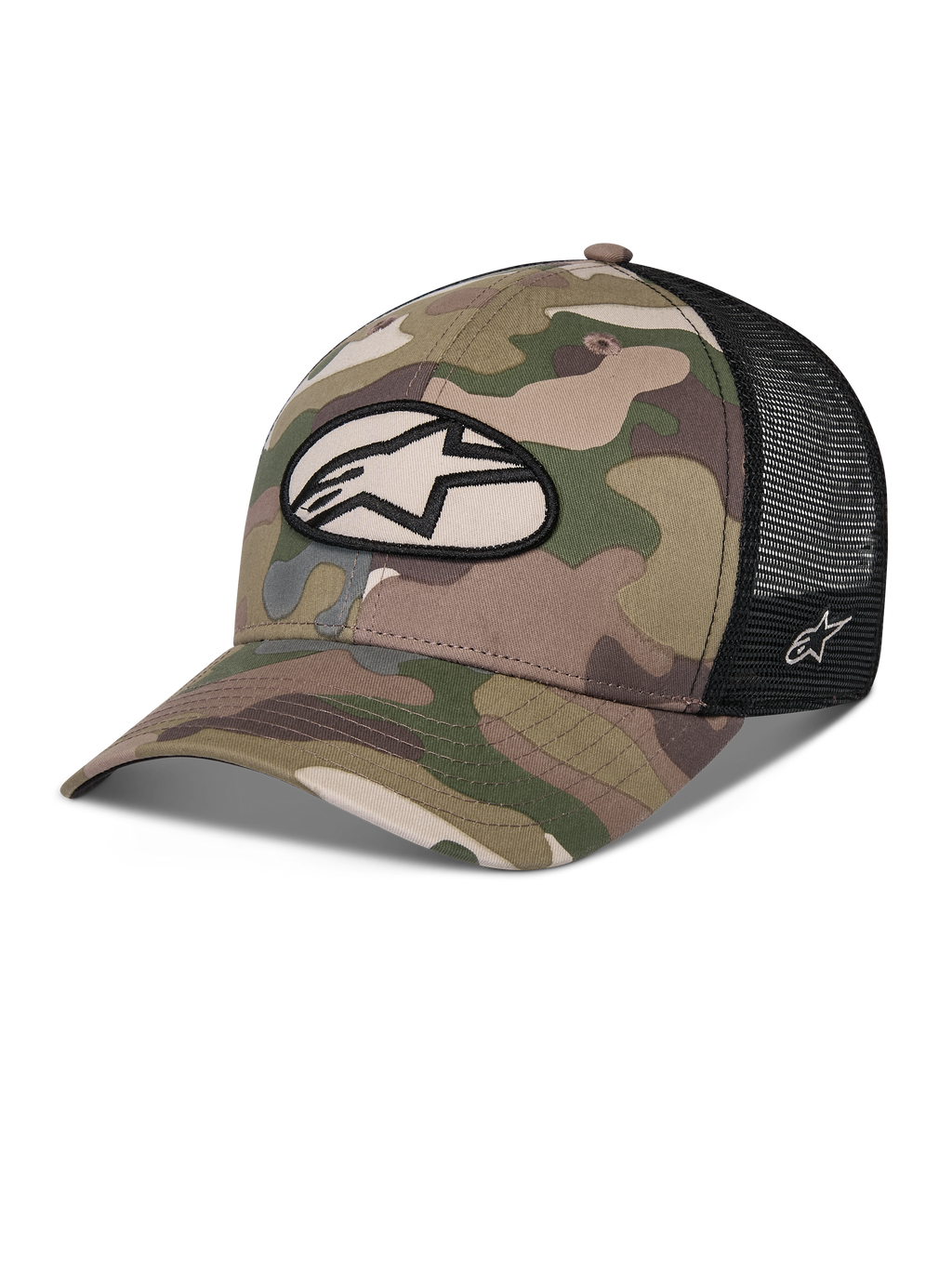 Gorra Alpinestars Oblique Camo Trucker, camuflaje verde y negro, parte frontal de sarga camuflada con malla trasera negra, parche frontal ovalado con el logotipo de Alpinestars, visera curva, accesorio casual de automovilismo