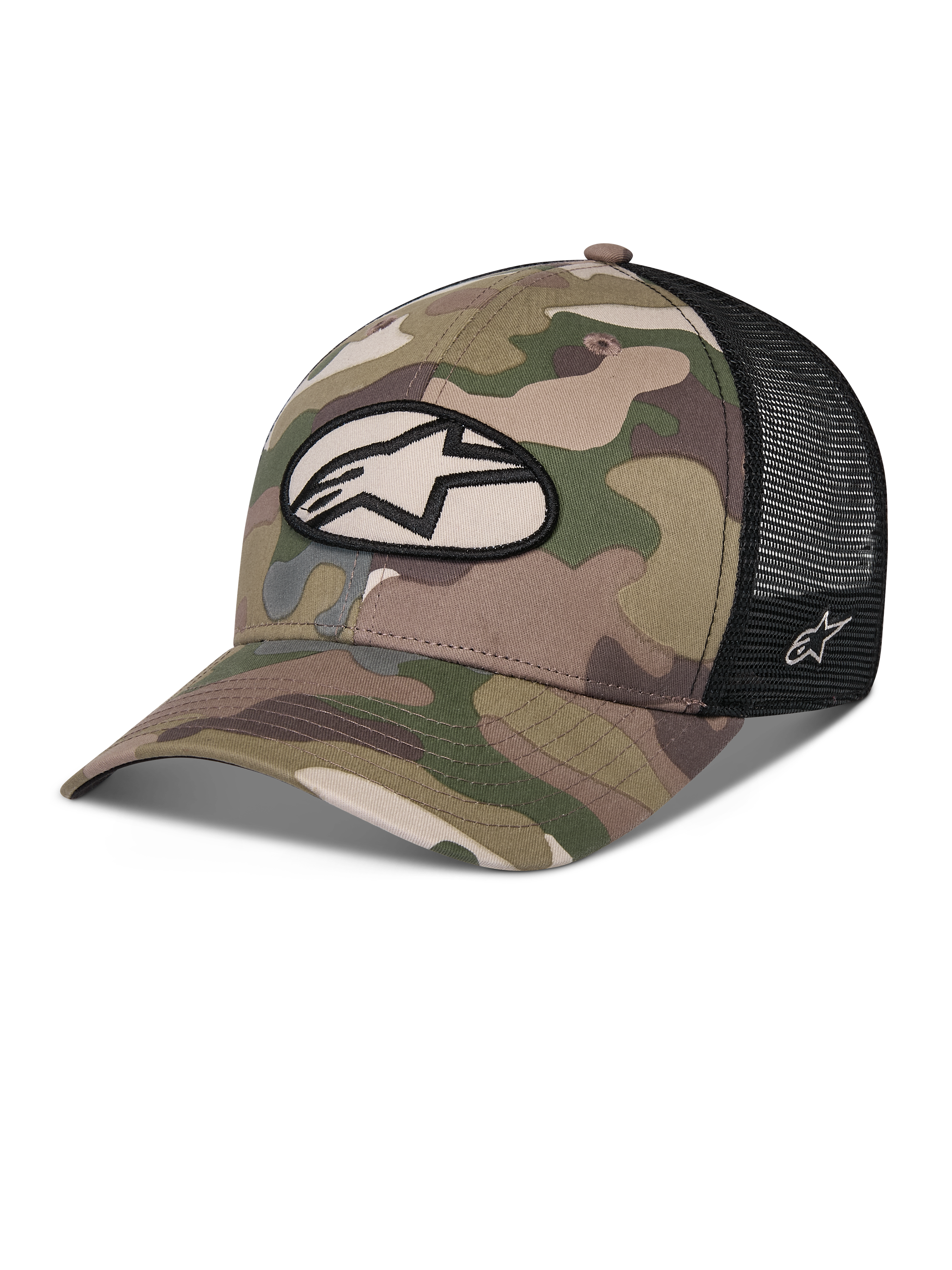 Gorra Alpinestars Oblique Camo Trucker, camuflaje verde y negro, parte frontal de sarga camuflada con malla trasera negra, parche frontal ovalado con el logotipo de Alpinestars, visera curva, accesorio casual de automovilismo