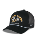 Alpinestars Finisher Trucker Hat, black trucker cap with breathable mesh back, curved bill with white rope accent, features front graphic with yellow Alpinestars lettering and checkered flags, side embroidered star logo, casual motorsport-inspired headwear