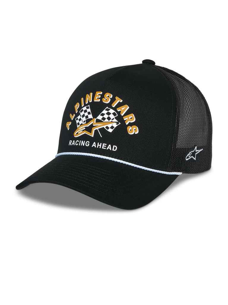 Gorra Alpinestars Finisher Trucker, gorra tipo trucker negra con malla trasera transpirable, visera curva con detalle de cordón blanco, gráfico frontal con letras amarillas de Alpinestars y banderas a cuadros, logotipo de estrella bordado en el lateral, accesorio casual inspirado en el automovilismo