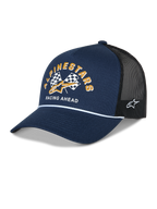 Alpinestars Finisher Trucker Hat, Navy Blue and Black, curved bill with white rope detail, front Alpinestars checker flags graphic with gold logo and "Racing Ahead" text, side Astars logo embroidery, casual motorsport headwear.