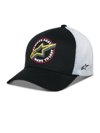 Alpinestars Aorbit Trucker Hat, Black and White Snapback Cap, featuring a front 'Always Fast Made to Last' graphic with a yellow Astars logo, white mesh back with side embroidery, and a curved bill
