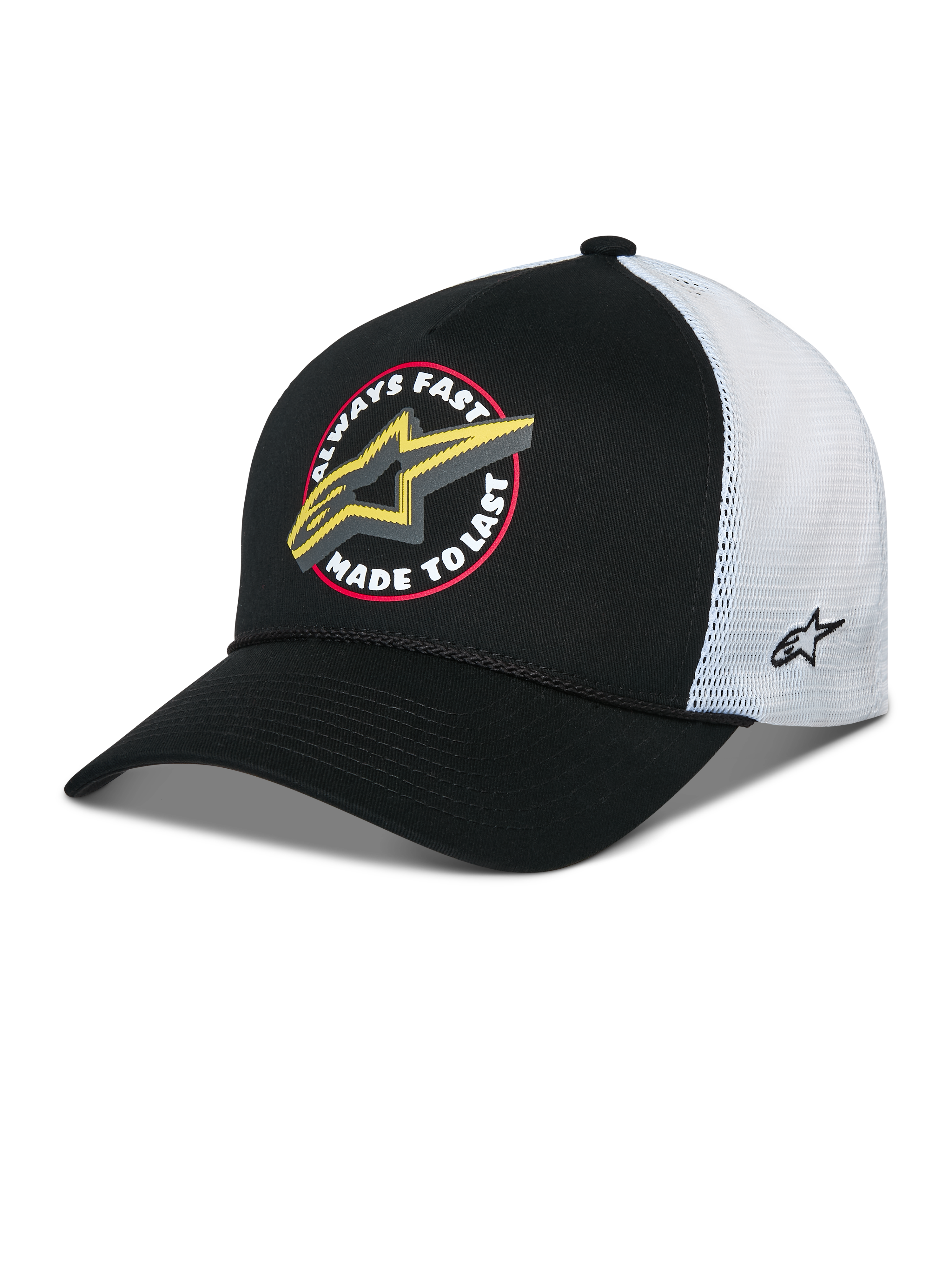 Alpinestars Aorbit Trucker Hat, Black and White Snapback Cap, featuring a front 'Always Fast Made to Last' graphic with a yellow Astars logo, white mesh back with side embroidery, and a curved bill