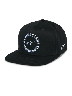 Alpinestars MX Snapback Hat, Black flat bill cap, structured crown, white circular Alpinestars Motocross front graphic, embroidered side Astars logo, 100% cotton twill, casual motorsport sportswear