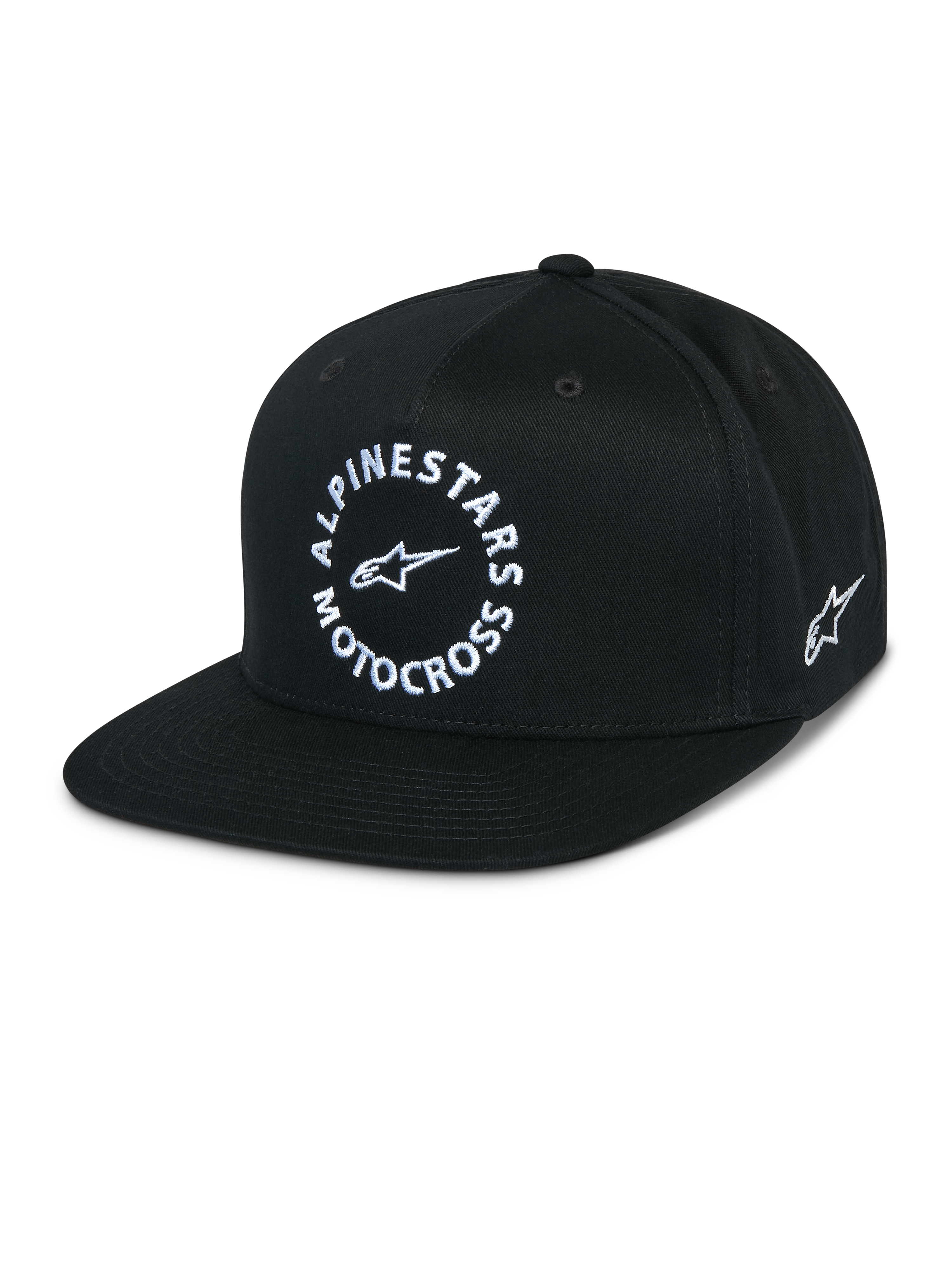 Gorra Snapback MX de Alpinestars, gorra negra de visera plana con corona estructurada, gráfico circular blanco de Alpinestars Motocross en el frente, logotipo de Astars bordado en el lateral, sarga de 100% algodón, ropa deportiva casual de motor