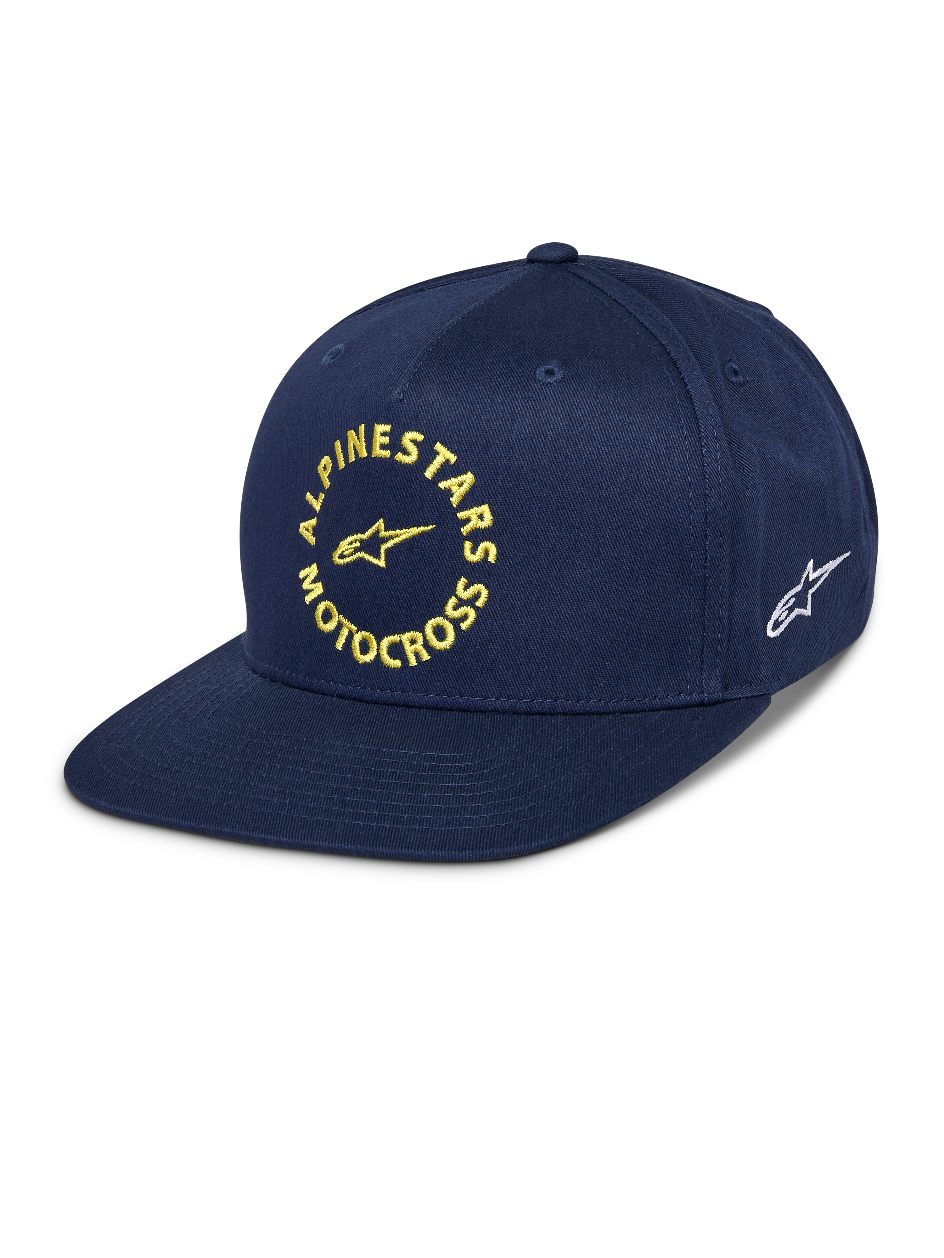 Gorra Alpinestars MX Snapback, azul marino, visera plana con corona estructurada, gráfico frontal de Alpinestars Motocross bordado en amarillo, logo Astars blanco en el lateral, tejido de sarga de algodón, accesorio casual de motorsport