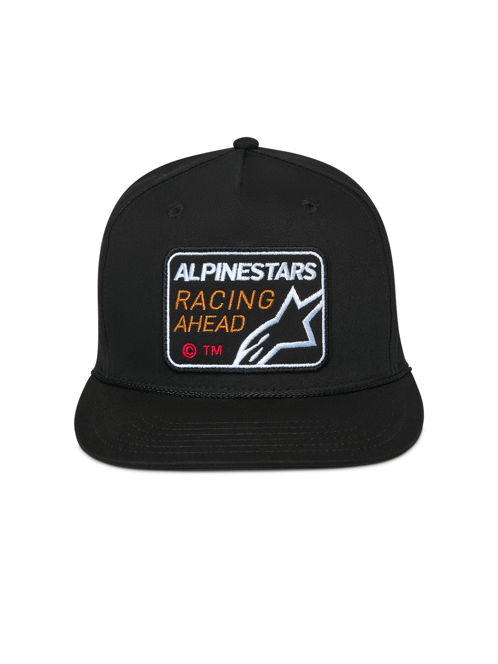 Alpinestars Intuitive Snapback Hat, Black, Front Alpinestars Racing Ahead Embroidered Patch, Flat Bill with Structured Crown, Casual Motorsport Headwear