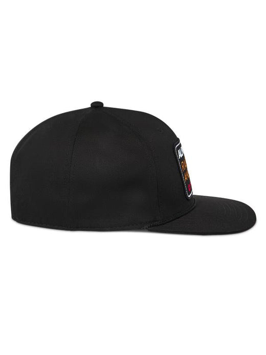 Alpinestars Intuitive Snapback Hat, Black, side profile view, featuring a flat bill and structured crown, embroidered logo patch on the front, casual motorsport-inspired headwear