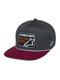 Alpinestars Intuitive Snapback Hat, casual motorsport headwear, dark grey structured crown with red flat bill, white rope detail, front embroidered patch featuring 'ALPINESTARS RACING AHEAD' and star logo, side white star embroidery