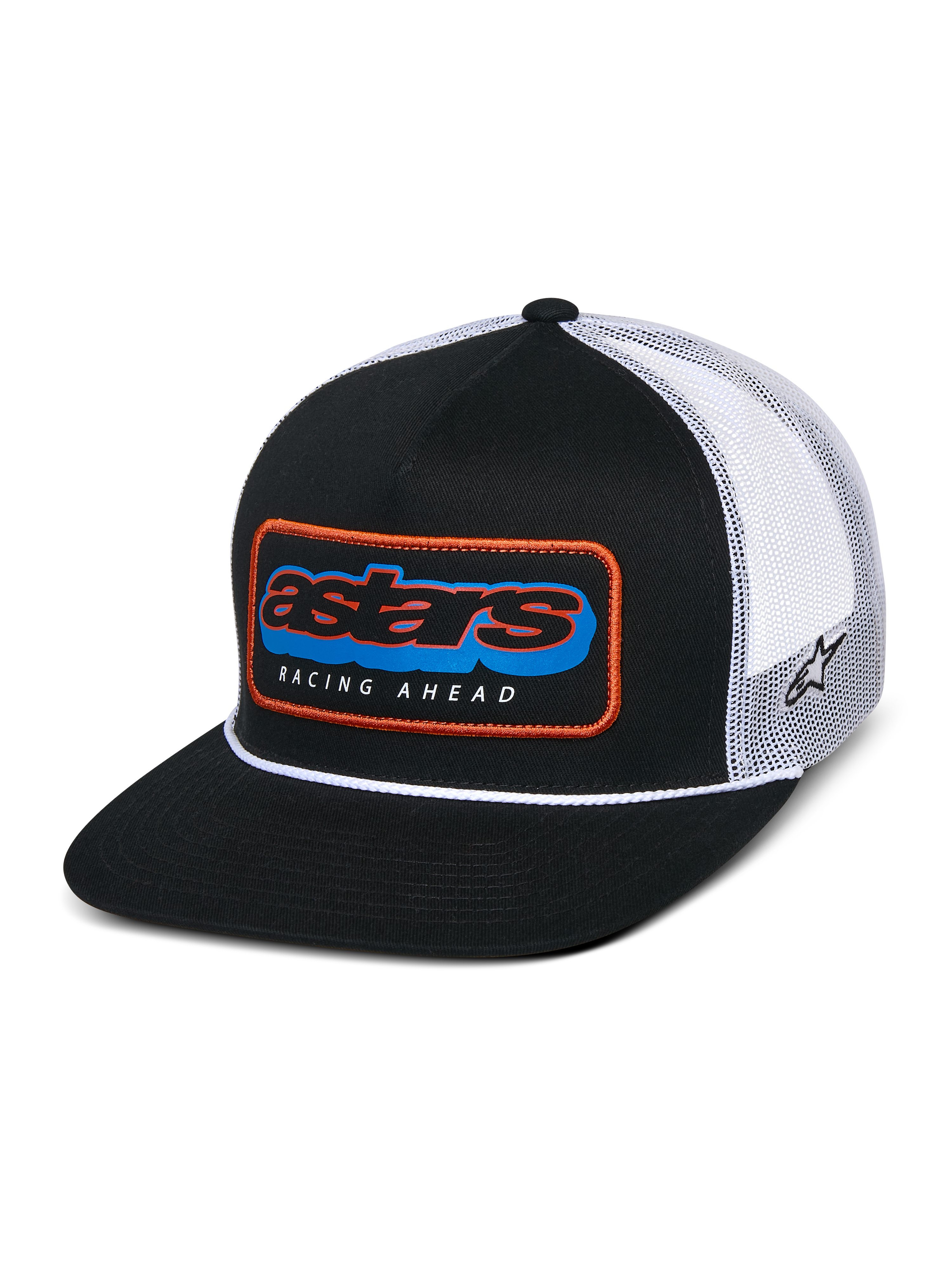 Alpinestars Phosphor Trucker Hat, Black and White, flat bill with structured crown and white rope detail, front Astars multi-color patch with orange border and "RACING AHEAD" text, breathable white mesh back with side logo embroidery