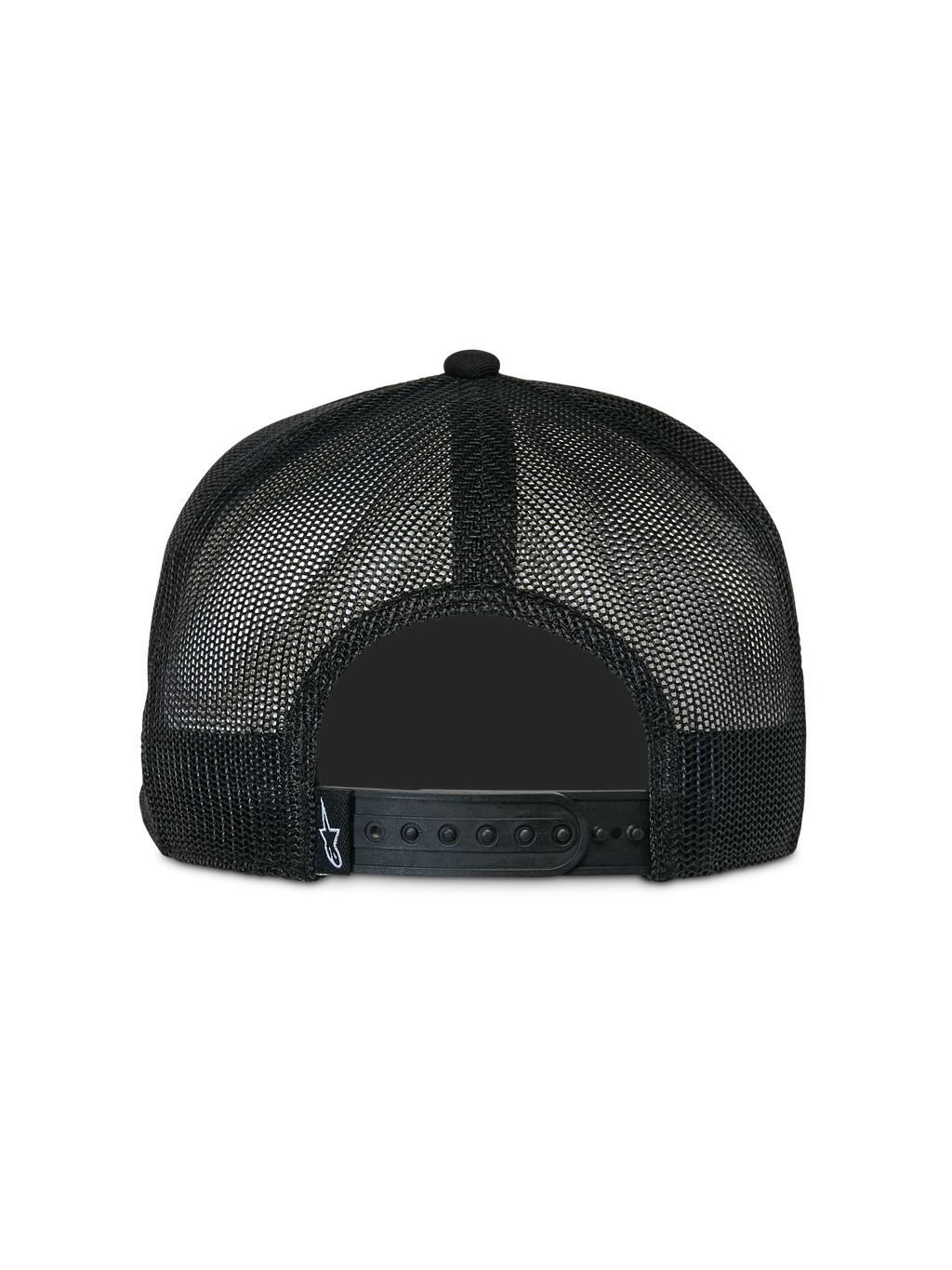 Gorra Alpinestars Contender Trucker, negra, vista posterior con tejido de malla de poliéster y cierre ajustable a presión, pequeña etiqueta blanca con el logo de Astars, accesorio de estilo casual inspirado en el automovilismo