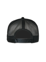 Alpinestars Contender Trucker Hat, Black, back view featuring poly mesh fabric and adjustable snapback closure, small white Astars logo tag, casual motorsport-inspired headwear