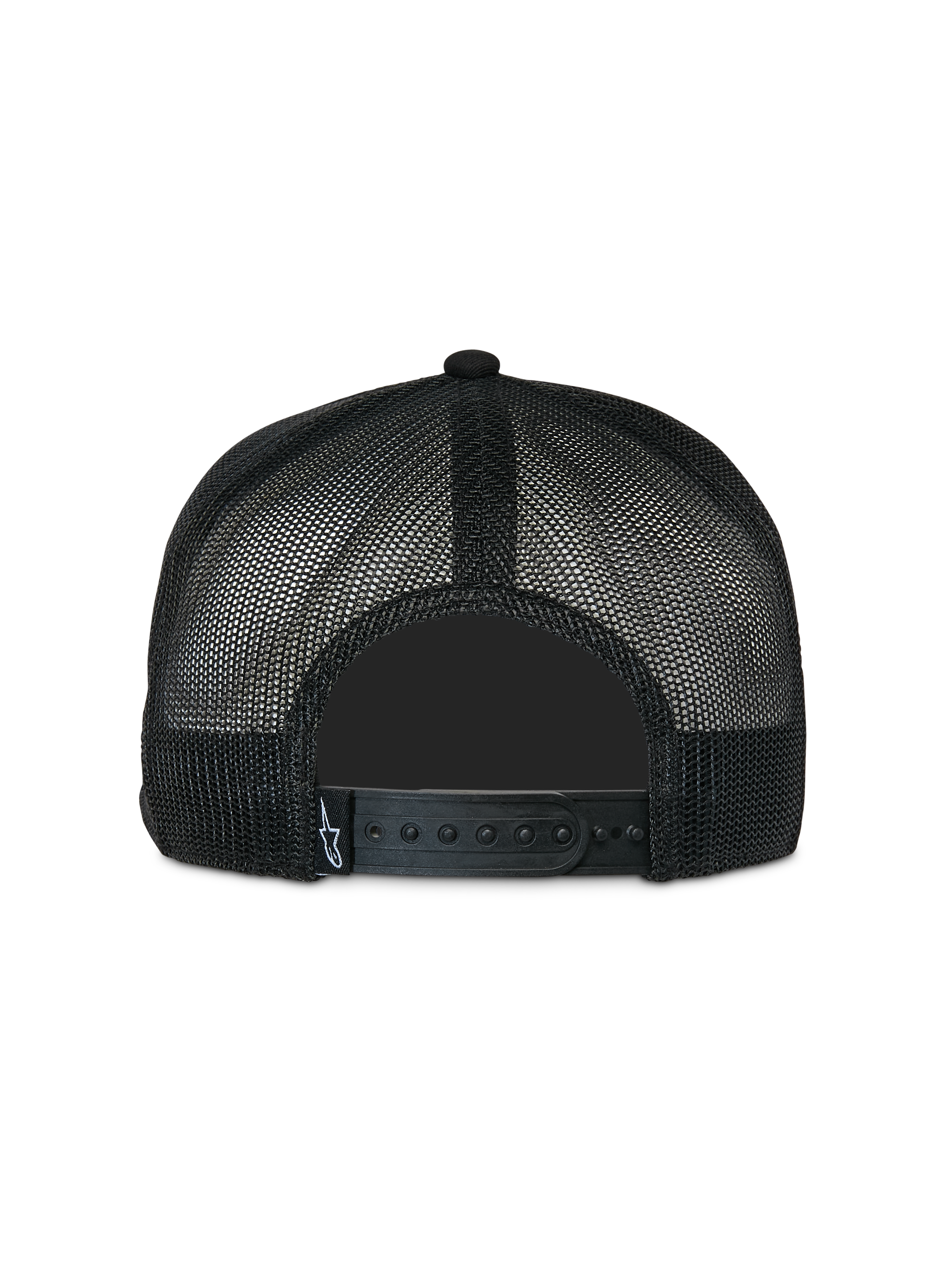 Gorra Alpinestars Contender Trucker, negra, vista posterior con tejido de malla de poliéster y cierre ajustable a presión, pequeña etiqueta blanca con el logo de Astars, accesorio de estilo casual inspirado en el automovilismo