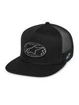 Alpinestars Contender Trucker Hat, Black snapback cap, flat bill, front oval patch with checkered Astars logo and Racing Ahead text, black mesh back, side logo embroidery, casual motorsport streetwear