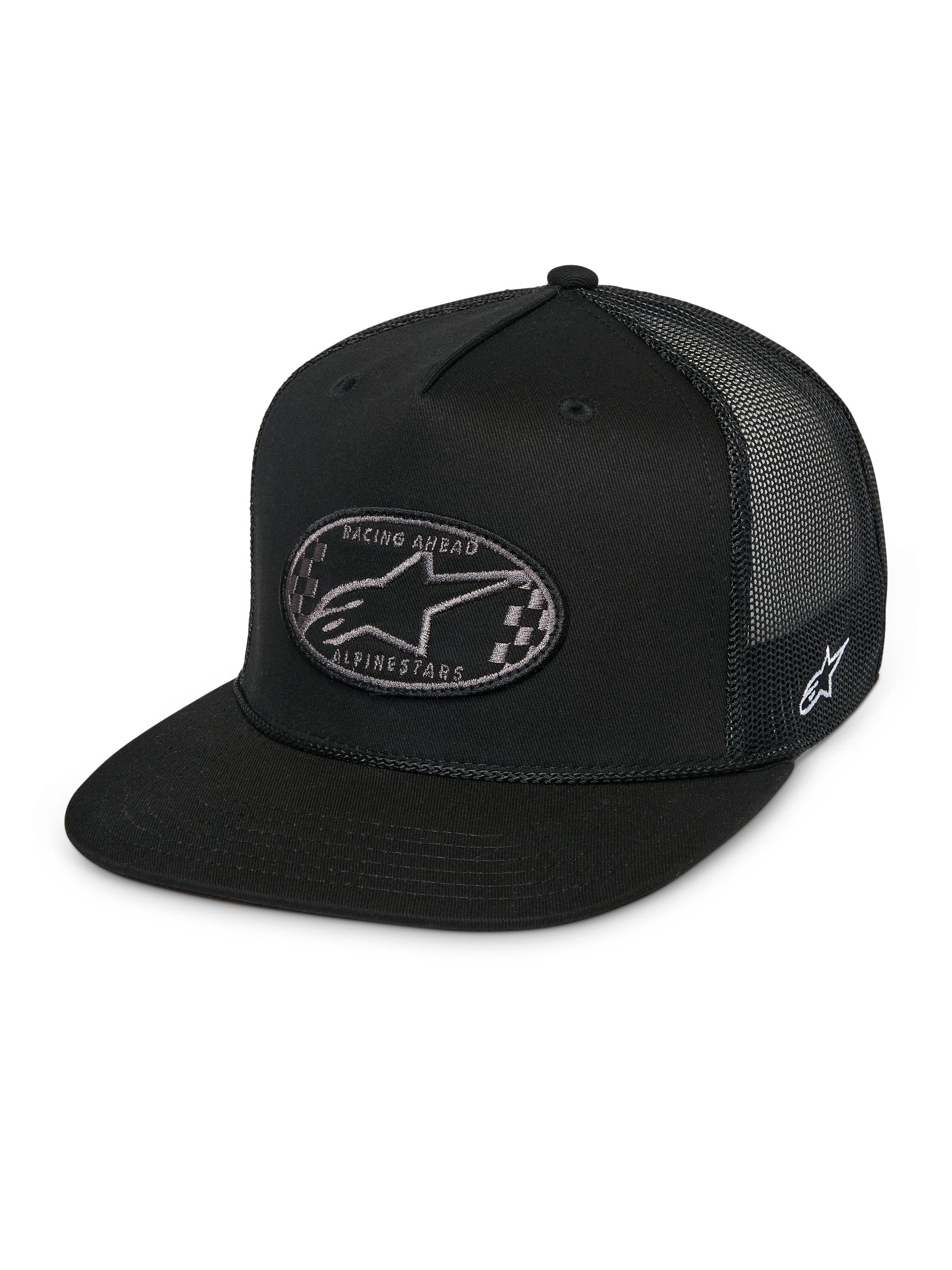 Alpinestars Contender Trucker Hat, Black snapback cap, flat bill, front oval patch with checkered Astars logo and Racing Ahead text, black mesh back, side logo embroidery, casual motorsport streetwear
