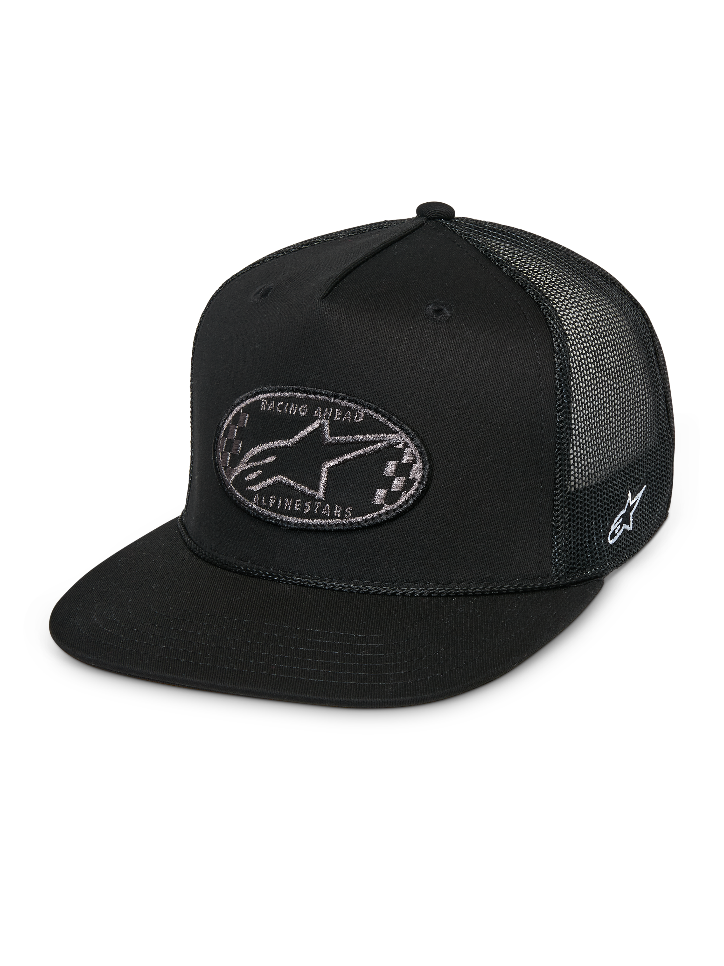 Gorra Alpinestars Contender Trucker, gorra snapback negra con visera plana, parche ovalado frontal con logo Astars a cuadros y texto Racing Ahead, parte posterior de malla negra, bordado lateral, ropa urbana casual de estilo motorista