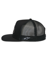 Alpinestars Contender Trucker Hat, side profile, Black, flat bill with structured crown, breathable poly mesh back, featuring white Astars logo embroidery on the side, casual motorsport-inspired headwear