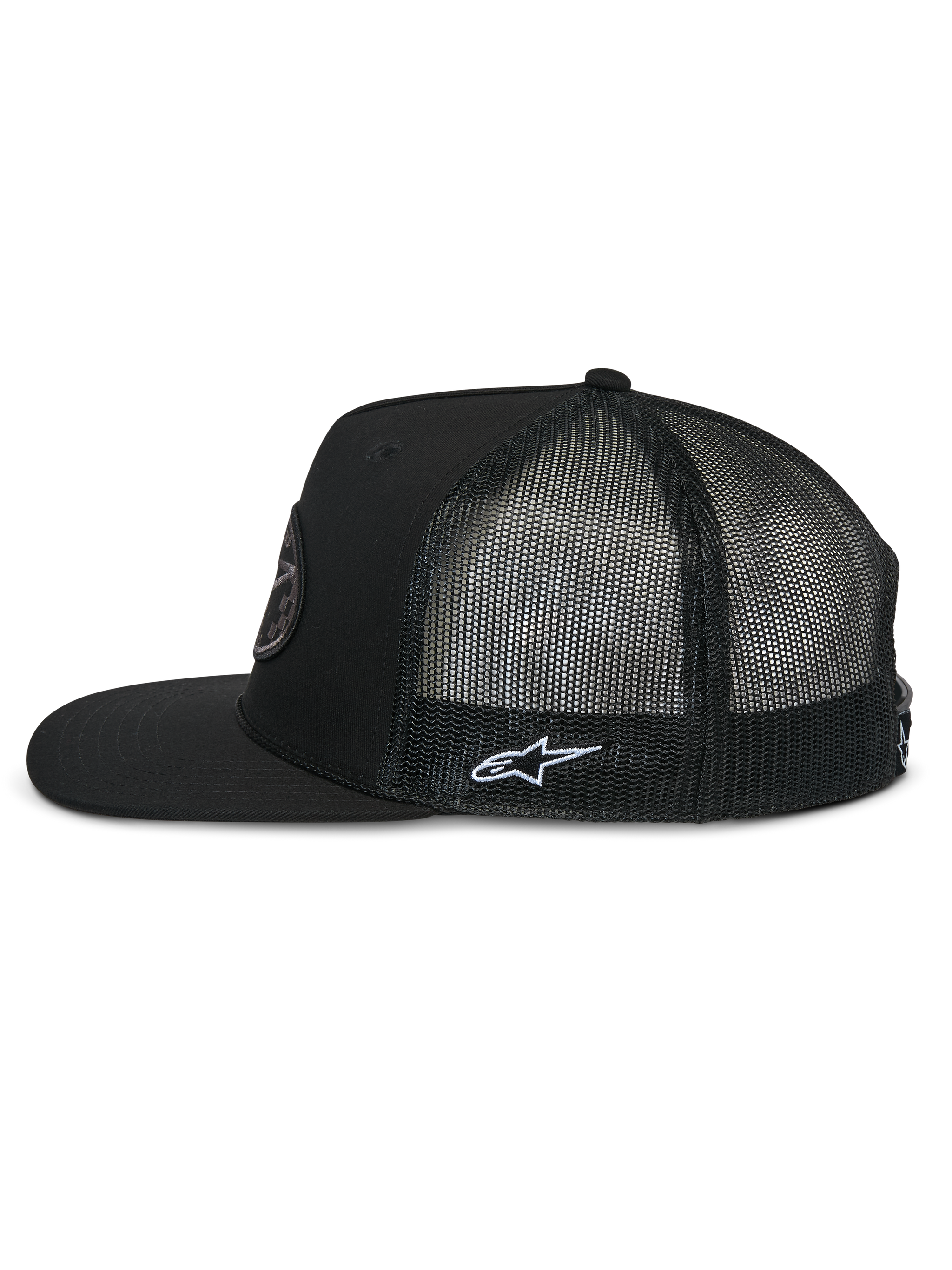 Alpinestars Contender Trucker Hat, side profile, Black, flat bill with structured crown, breathable poly mesh back, featuring white Astars logo embroidery on the side, casual motorsport-inspired headwear