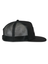 Alpinestars Contender Trucker Hat, Black Trucker Cap, Side Profile View, featuring a flat bill and breathable mesh back panels, snapback closure, casual motorsport style