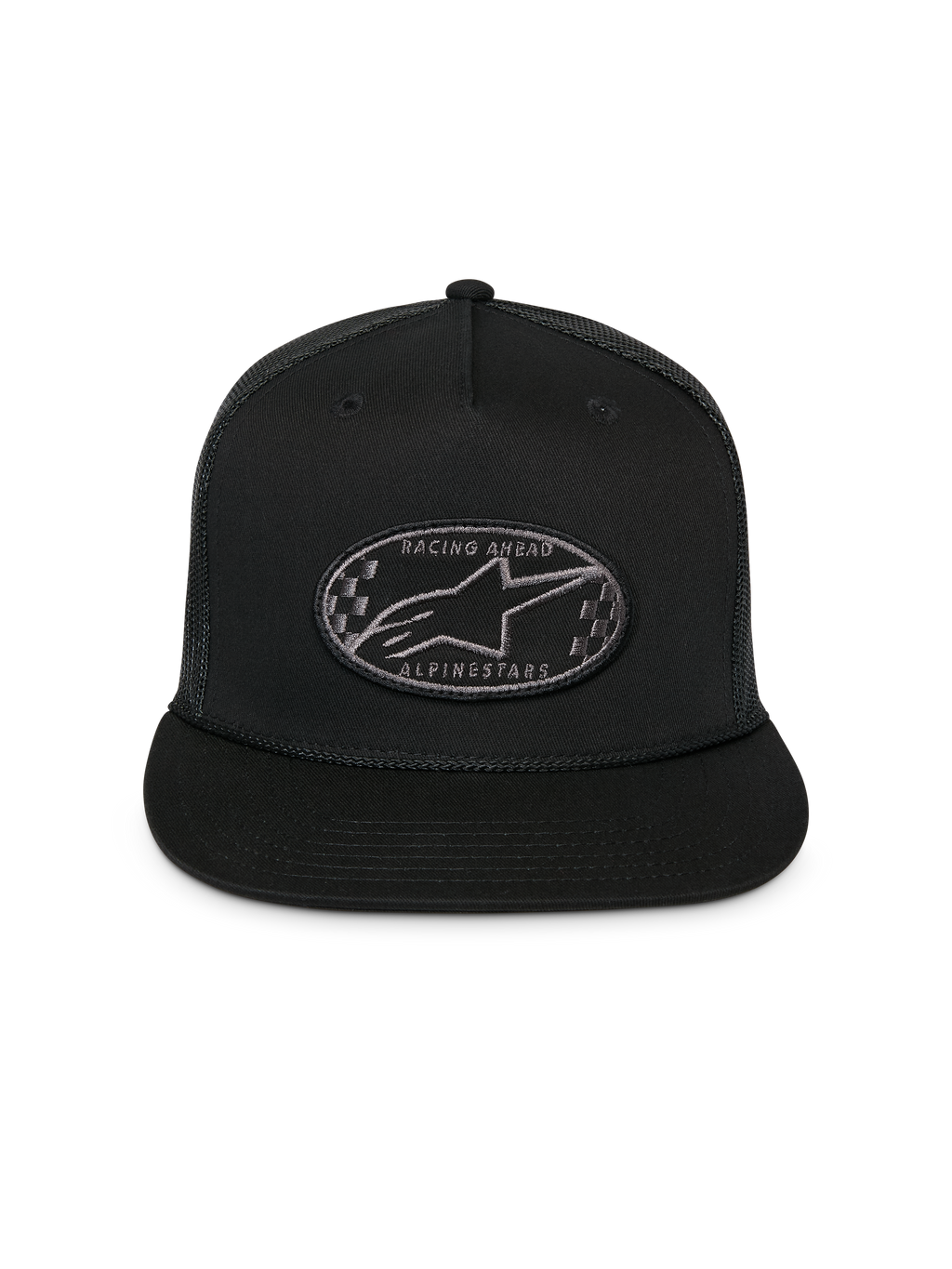 Gorra Alpinestars Contender Trucker, negra, gorra snapback estructurada con visera plana, parche bordado ovalado con logo Astars y diseño de cuadros en la parte delantera, panel de malla trasera, accesorio de ropa deportiva casual