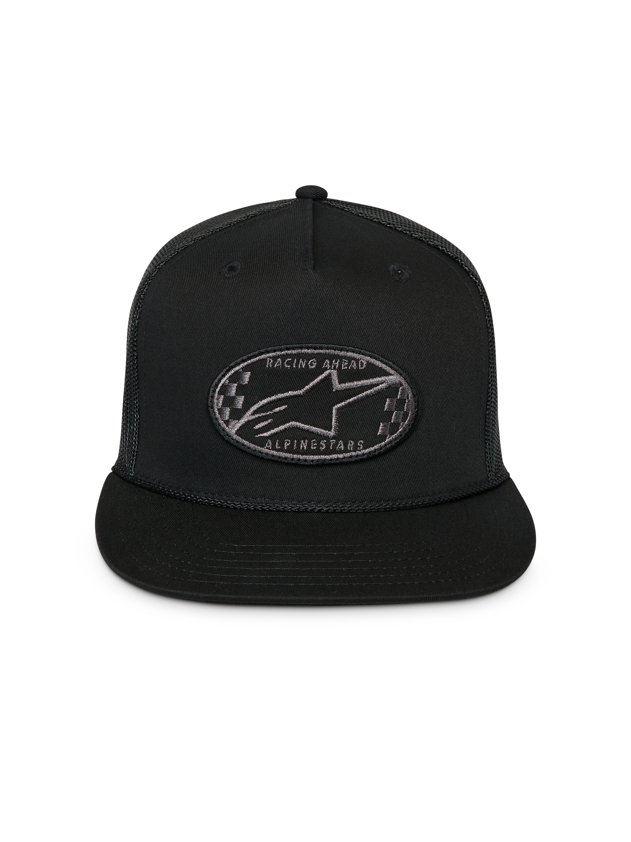 Alpinestars Contender Trucker Hat, Black, Structured Snapback Cap with Flat Bill, Front Oval Astars Logo Checkers Embroidery Patch, Mesh Back, Casual Sportswear Headwear